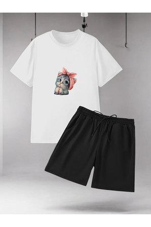 Unisex Minnoş Tasarım Basklı Tshirt Şort Takımı
