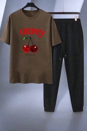 Unisex Happy Cherry Tasarım Basklı Tshirt Eşofman Takımı