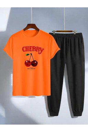 Unisex Happy Cherry Tasarım Basklı Tshirt Eşofman Takımı