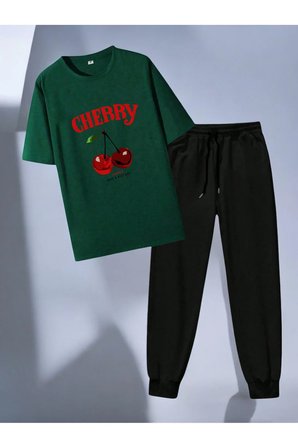 Unisex Happy Cherry Tasarım Basklı Tshirt Eşofman Takımı