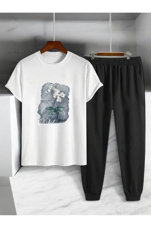 Unisex Saksı Tasarım Basklı Tshirt Eşofman Takımı