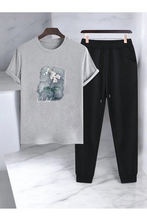 Unisex Saksı Tasarım Basklı Tshirt Eşofman Takımı