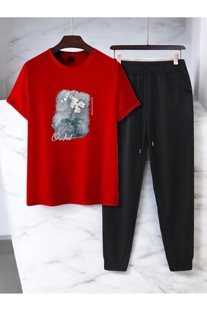 Unisex Saksı Tasarım Basklı Tshirt Eşofman Takımı