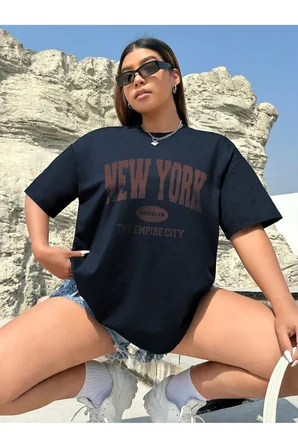 Pamuklu New York Baskılı Oversize T-shirt