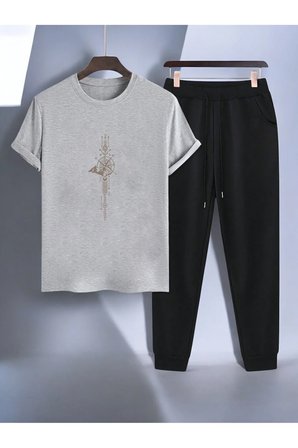 Unisex Zaman Pusulası Tasarım Basklı Tshirt Eşofman Takımı