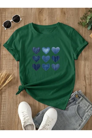 Unisex Jean Desenli Kalp Tasarım Basklı Tshirt
