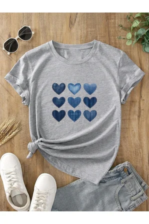 Unisex Jean Desenli Kalp Tasarım Basklı Tshirt