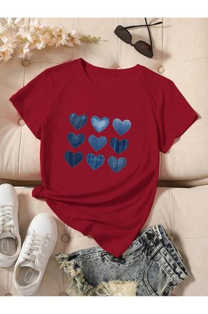 Unisex Jean Desenli Kalp Tasarım Basklı Tshirt