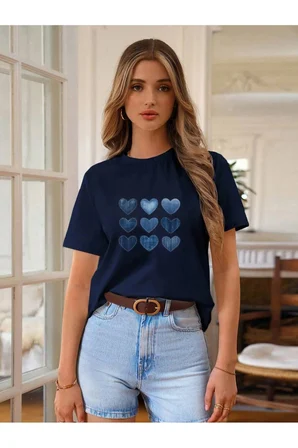 Unisex Jean Desenli Kalp Tasarım Basklı Tshirt