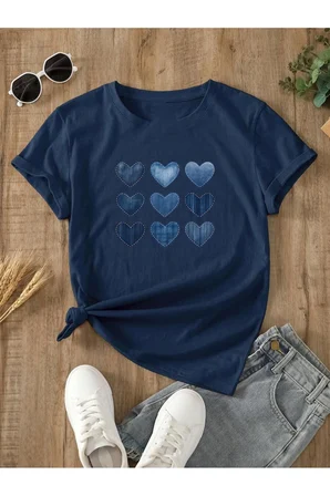 Unisex Jean Desenli Kalp Tasarım Basklı Tshirt