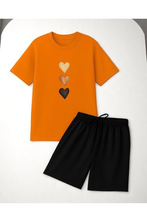 Unisex 3 Kalp Baskılı Tasarım Şort Takım