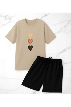 Unisex 3 Kalp Baskılı Tasarım Şort Takım