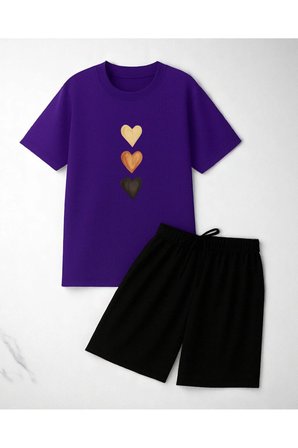 Unisex 3 Kalp Baskılı Tasarım Şort Takım