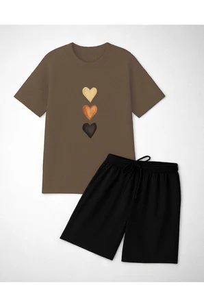 Unisex 3 Kalp Baskılı Tasarım Şort Takım