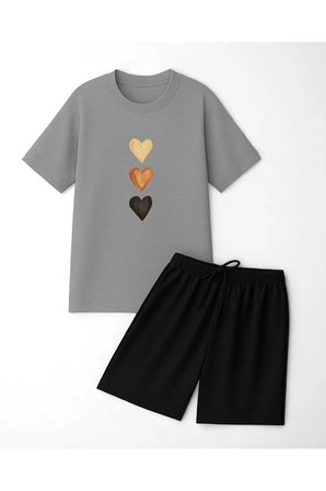 Unisex 3 Kalp Baskılı Tasarım Şort Takım