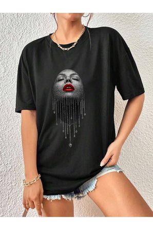 Unisex Pırlantalı Kadın Portresi Tasarım Basklı Tshirt