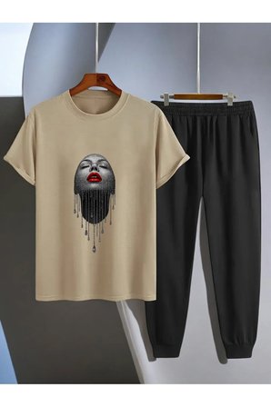 Unisex Pırlantalı Kadın Portresi Tasarım Basklı Tshirt Eşofman Takımı