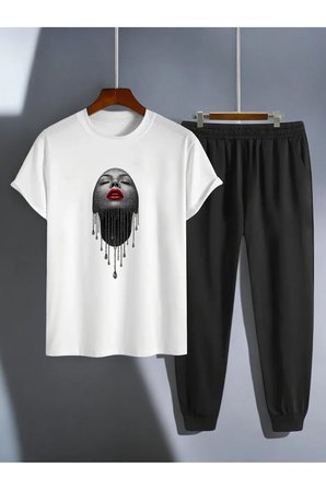 Unisex Pırlantalı Kadın Portresi Tasarım Basklı Tshirt Eşofman Takımı
