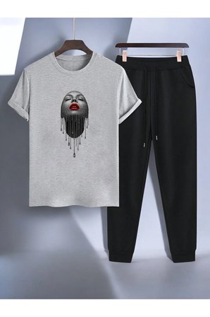 Unisex Pırlantalı Kadın Portresi Tasarım Basklı Tshirt Eşofman Takımı