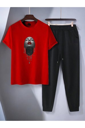 Unisex Pırlantalı Kadın Portresi Tasarım Basklı Tshirt Eşofman Takımı