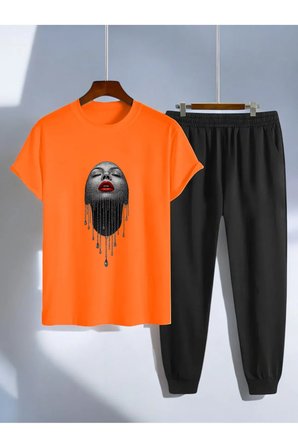 Unisex Pırlantalı Kadın Portresi Tasarım Basklı Tshirt Eşofman Takımı