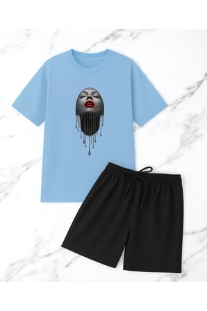 Unisex Pırlantalı Kadın Portresi Tasarım Basklı Tshirt Şort Takımı