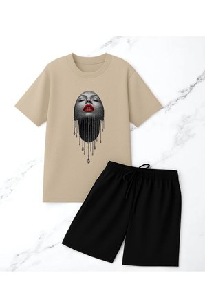Unisex Pırlantalı Kadın Portresi Tasarım Basklı Tshirt Şort Takımı