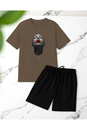 Unisex Pırlantalı Kadın Portresi Tasarım Basklı Tshirt Şort Takımı