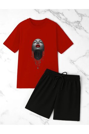 Unisex Pırlantalı Kadın Portresi Tasarım Basklı Tshirt Şort Takımı