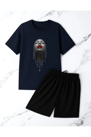 Unisex Pırlantalı Kadın Portresi Tasarım Basklı Tshirt Şort Takımı