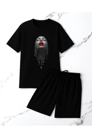 Unisex Pırlantalı Kadın Portresi Tasarım Basklı Tshirt Şort Takımı