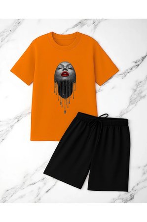 Unisex Pırlantalı Kadın Portresi Tasarım Basklı Tshirt Şort Takımı