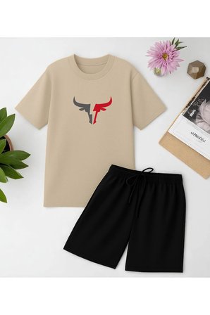 Unisex Boğa Baskılı Tasarım Şort Takım