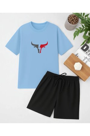 Unisex Boğa Baskılı Tasarım Şort Takım