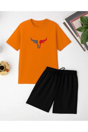Unisex Boğa Baskılı Tasarım Şort Takım