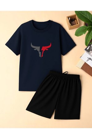 Unisex Boğa Baskılı Tasarım Şort Takım