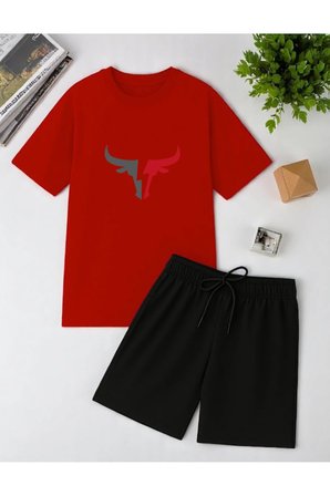 Unisex Boğa Baskılı Tasarım Şort Takım