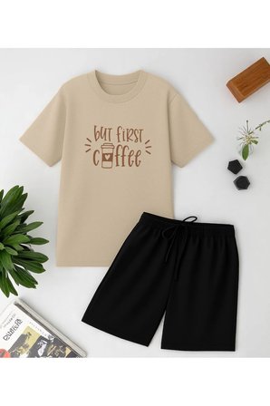 But First Coffee Baskı Şort Takım