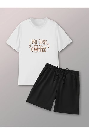 But First Coffee Baskı Şort Takım