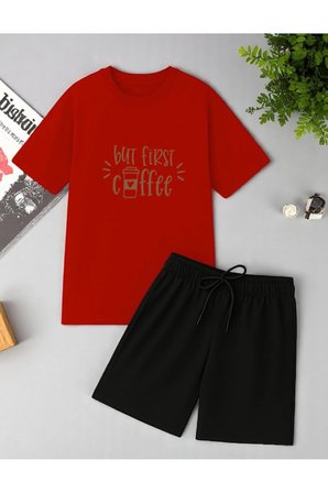 But First Coffee Baskı Şort Takım