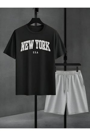 Unisex New York U.S.A Tasarım Basklı Tshirt Şort Takımı