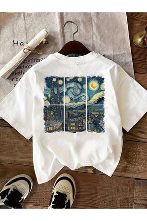 Unisex Şehir Manzaralı Vangogh Baskılı Oversize Tişört