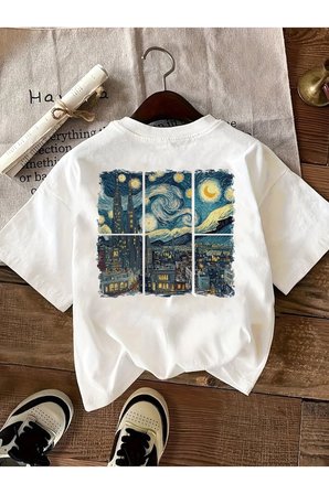 Unisex Şehir Manzaralı Vangogh Baskılı Oversize Tişört