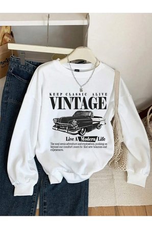 Unisex Vintage Baskılı Oversize Sweatshirt