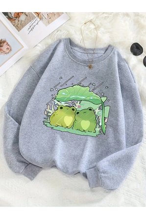 Unisex Sevimli Kurbagalar Baskılı Oversize Sweatshirt