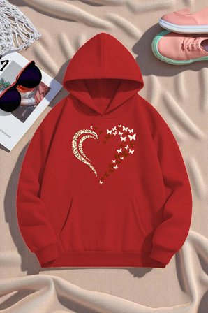 Unisex Leopar Kalp Desenli Baskılı Oversize Sweatshirt