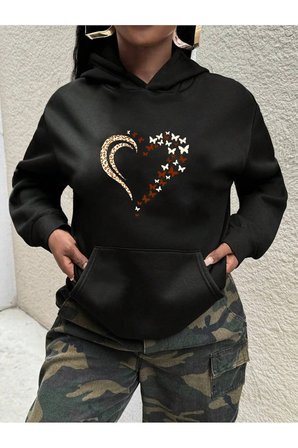 Unisex Leopar Kalp Desenli Baskılı Oversize Sweatshirt
