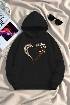 Unisex Leopar Kalp Desenli Baskılı Oversize Sweatshirt