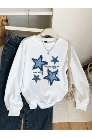 Unisex Yildizlar Baskılı Oversize Sıfır Yaka