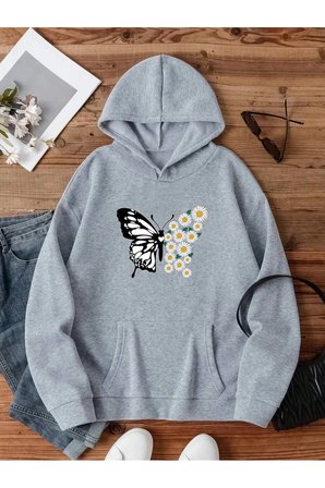 Papatya Kelebek Baskılı Oversize Sweatshirt
